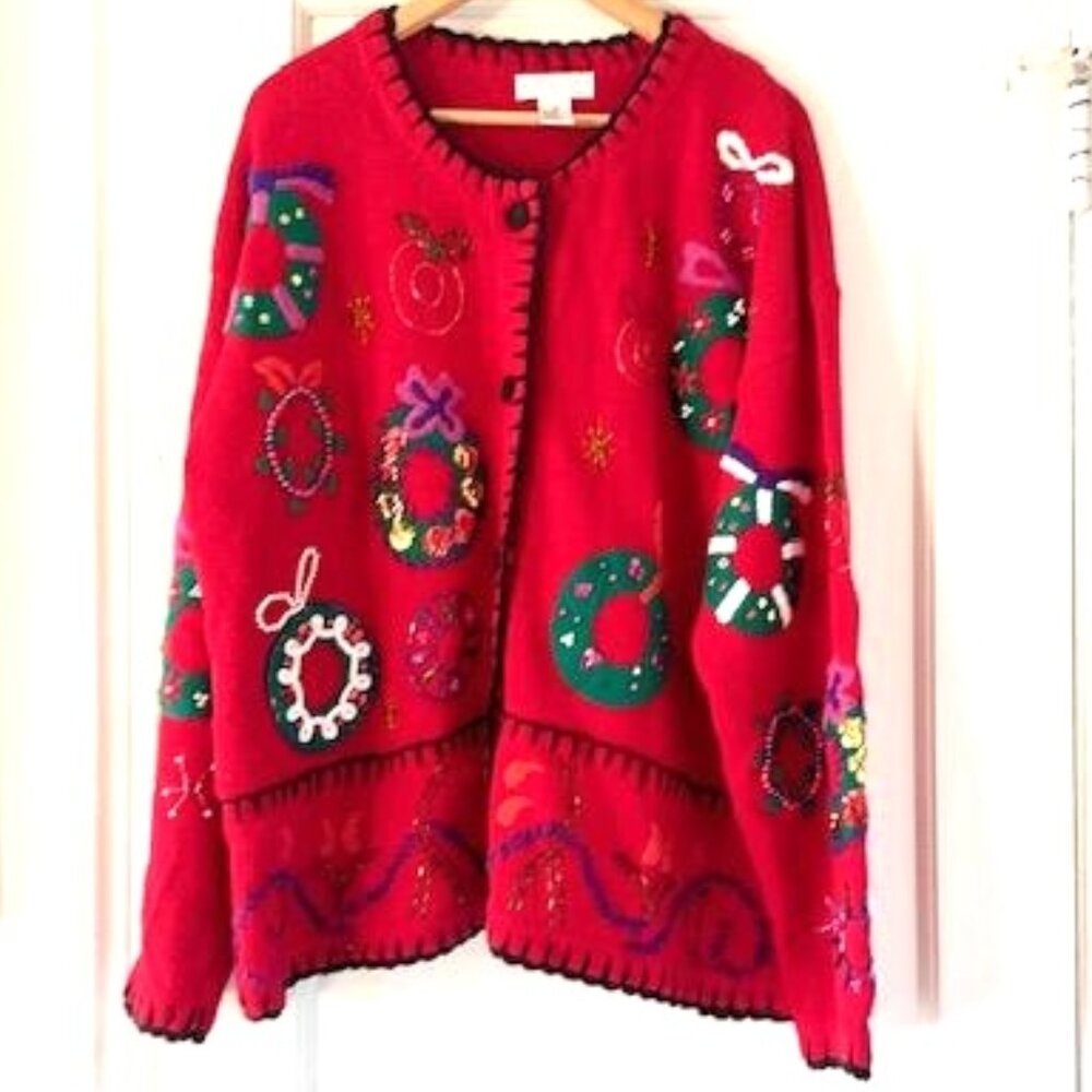 Vintage Lord and Taylor Christmas Sweater Holiday Party Festive Cardigan